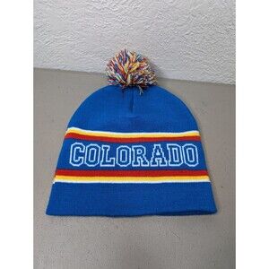 COLORADO Beanie,‎ Knit Hat, Multicolor Puff, Blue, Red/White/Yellow Stripes